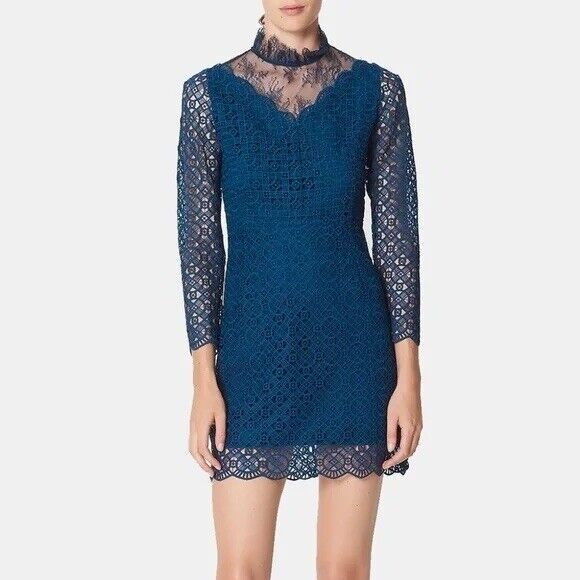 Sandro Bartsie Mini Dress Teal Blue Womens 40 10 Panel Scallop Macrame Lace - Picture 1 of 15